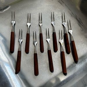 Mid century MCM cocktail fork made in japan modernist minimalist wood stainless